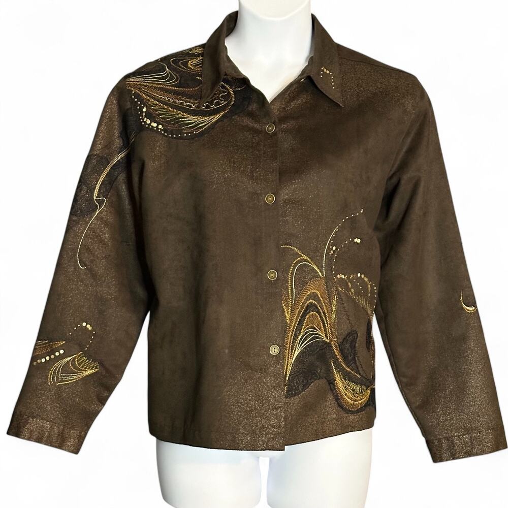 Chico’s Brown Embroidered Sequined Shirt Jacket XL Western Button Up Long Sleeve
